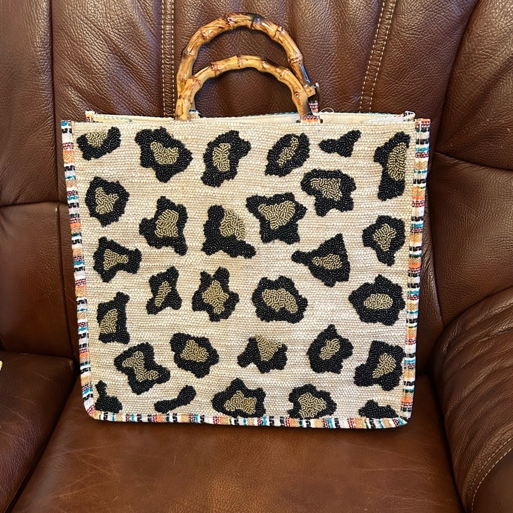 Black and Cream Animal Print Tote with Natural Handles